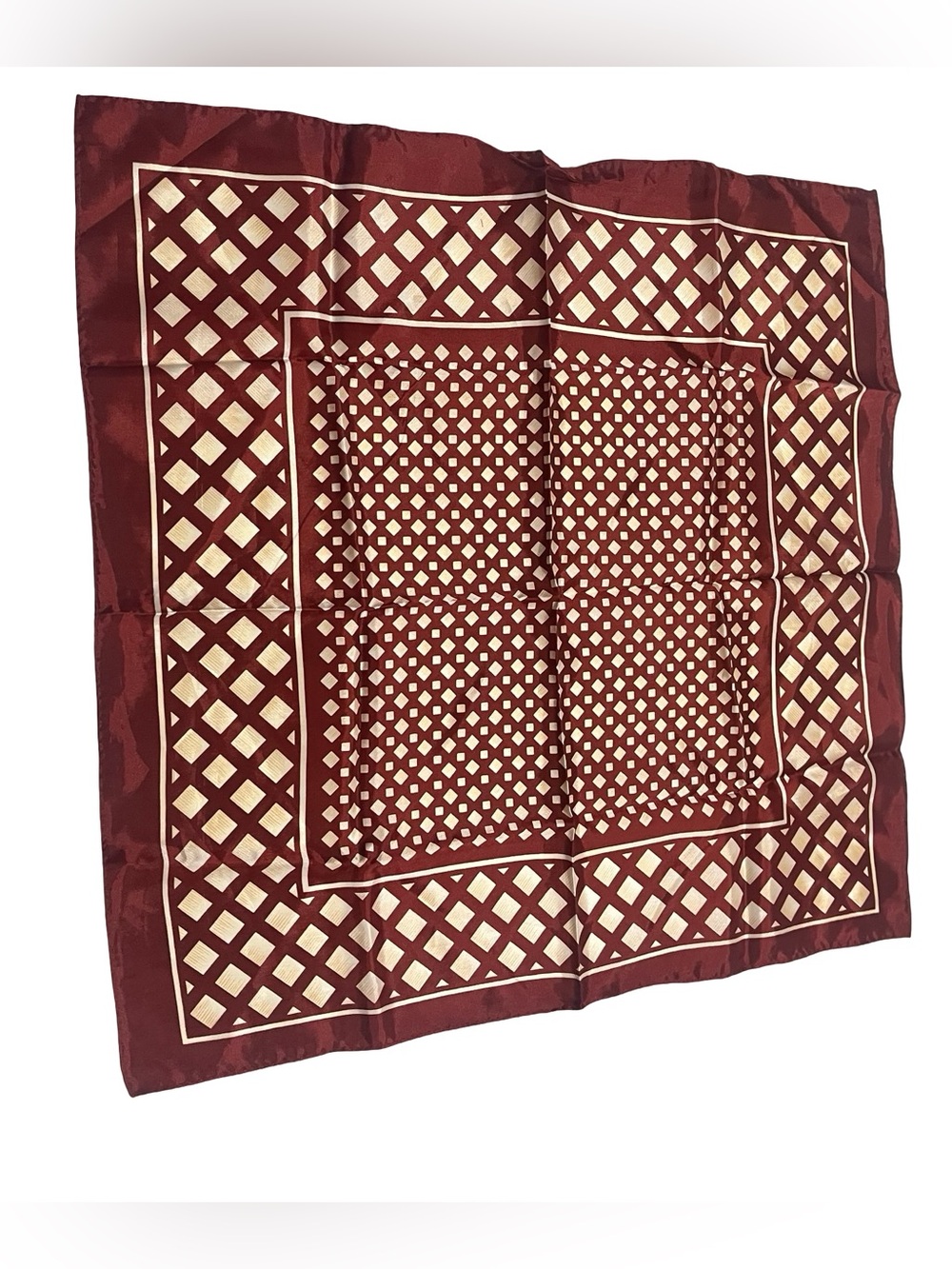 Vtg Burgundy Geometric Lattice Acetate Square Scarf Sz 21x21 Japan MCM Mod Ombre